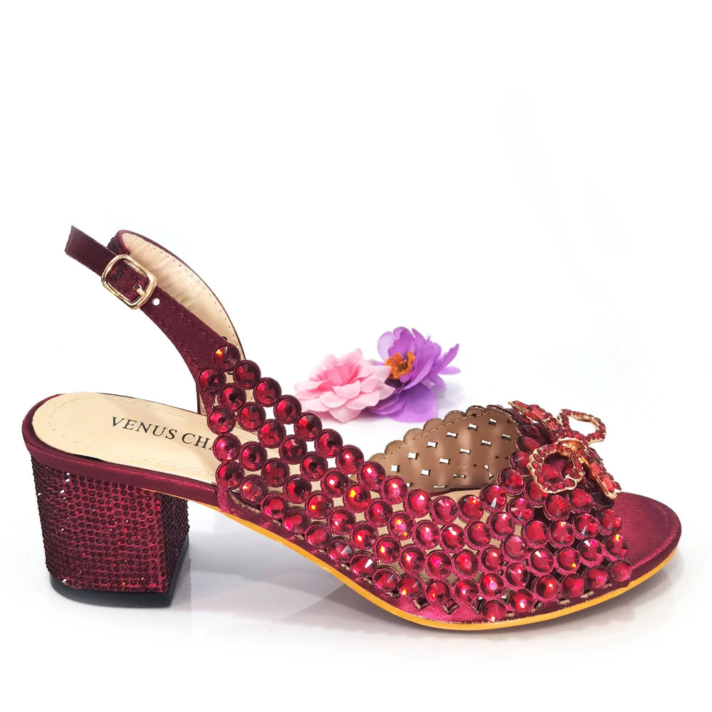 2024 New Italian Design Full Drill Elegant Wine Evening High Heels Wedding Party Shoes Matching Clutch Handbag