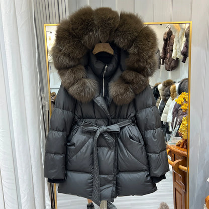 Women Winter Long Down Jacket Genuine Fox Fur Large Collar Hooded Slim Fit Waist Belt Warm Fashion Versatile Casual Winter Coat