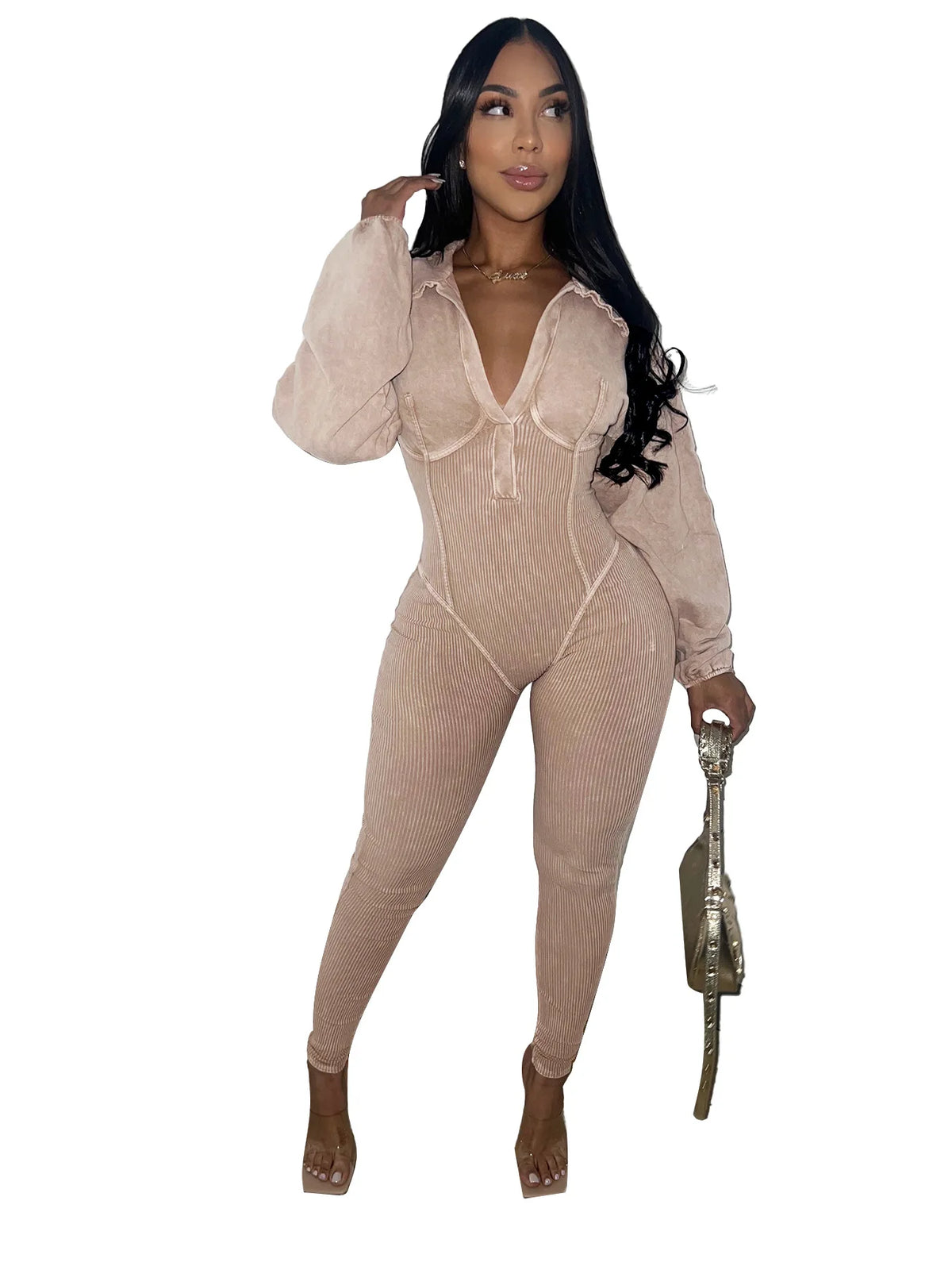 CM.YAYA Fashion Women Knit Ribbed Long Sleeve Moto Biker Jumpsuits 2024 Autumn Washed Street Playsuit One Piece Suit Romper