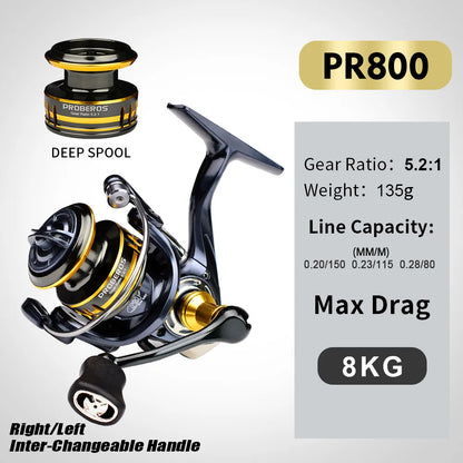 Spinning Fishing Reel 800 Size 5.2:1 7+1BB 8KG Max Drag CNC Metal Handle Deep Spool Long Cast Saltwater Rock Lure Fishing Reel