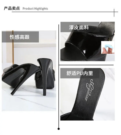 13CM Woman Slippers Mule Patent Leather Sandals Sexy Fashion Slides Party Shoes for Women Luxury Black Summer Platform Sandals
