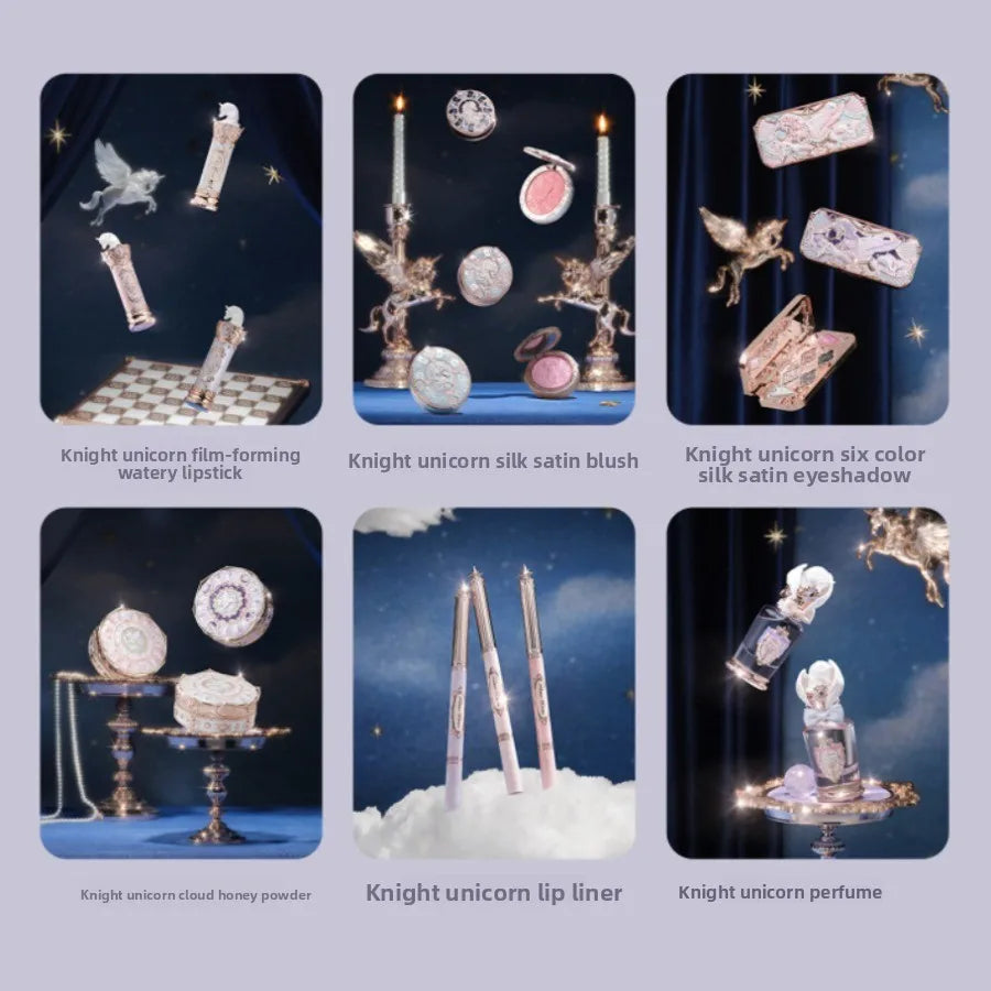 FLOWER KNOWS Knight Unicorn All-in-One Makeup Set Shimmer Eyeshadow,Mirror Lip Gloss Blush,Setting Powder Mirror Cosmetics Kit