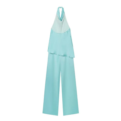 MUJER Satin Halter Jumpsuits for Women Backless Long Jumpsuit Woman One Piece Wide Leg Women's Jumpsuit Summer Overalls Women