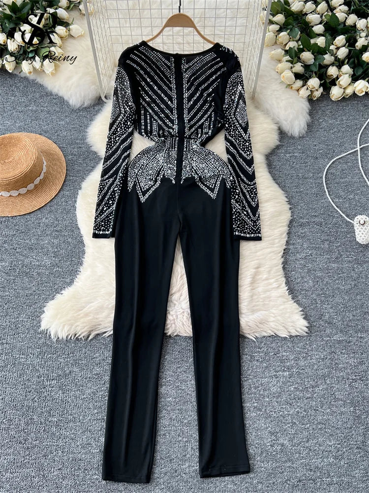 SINGREINY Sexy Senior Bodycon Jumpsuits Women Deep V-Neck Long Sleeves Zipper Diamonds Design Fashion Hotsweet Party Playsuits