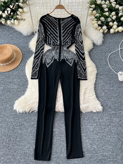 SINGREINY Sexy Senior Bodycon Jumpsuits Women Deep V-Neck Long Sleeves Zipper Diamonds Design Fashion Hotsweet Party Playsuits