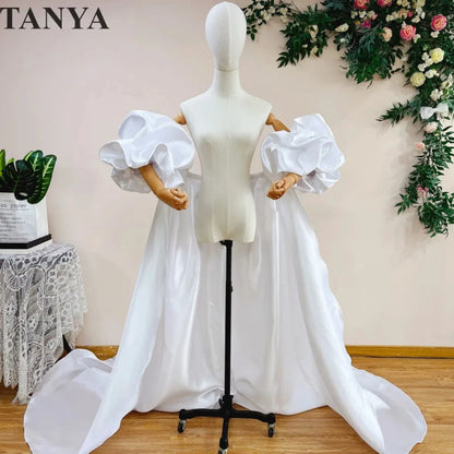 Red  Mikado Satin Long Wedding Cape Puffy Short Sleeves Court Tain Evening Cape Outfit Coat For Women Costume DJ199