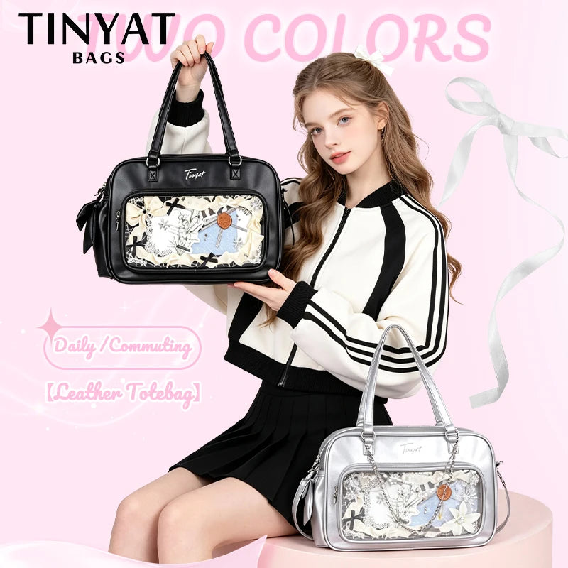 TINYAT PU Y2K Ita Bag Tote Lolita Girl Clear Window Display Message Bag Large Capacity Daily Commuting Handbag for Women School