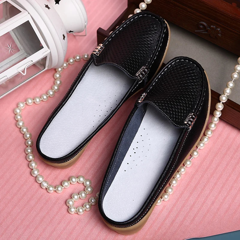 Women Casual Shoes Hollow Out Lady Half Lofers Genuine Leather Flats Moccasins Women Luxury Brand Half Slippers Zapatillas Mujer