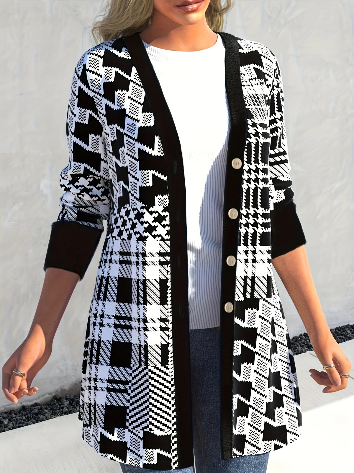 Plus Size Women's Elegant Geometric Print Button-Up Cardigan Knit Long Sleeve Open Front Sweater Autumn/Winter Casual Outerwear
