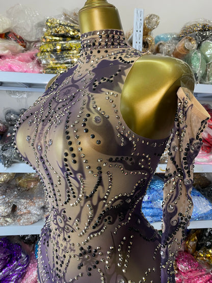Sparkly Rhinestones Printed Mesh Bodycon Green Jumpsuits With Sleeves See Through Masquerade Costume Dress Night Club DJ Gogo
