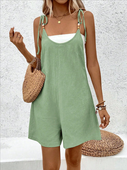 Women's spaghetti strap suspender shoulder short jumpsuit solid color loose wide leg jumpsuit summer casual beach style