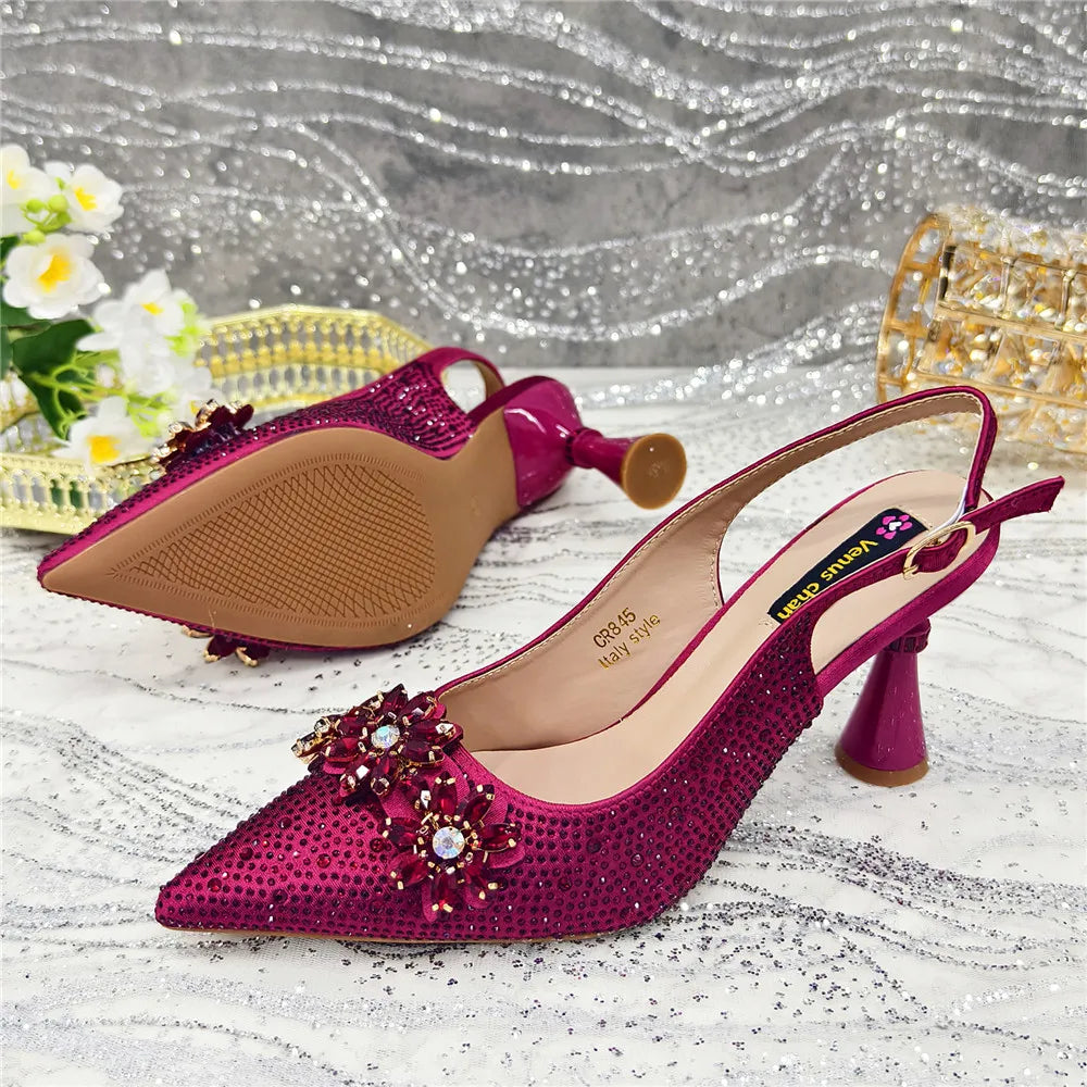 New Fashion Pointed Toe Shoes Heels Elegant Italian Woman Wedding for Party Shoes Women Party Pumps Decorated with Rhinestone