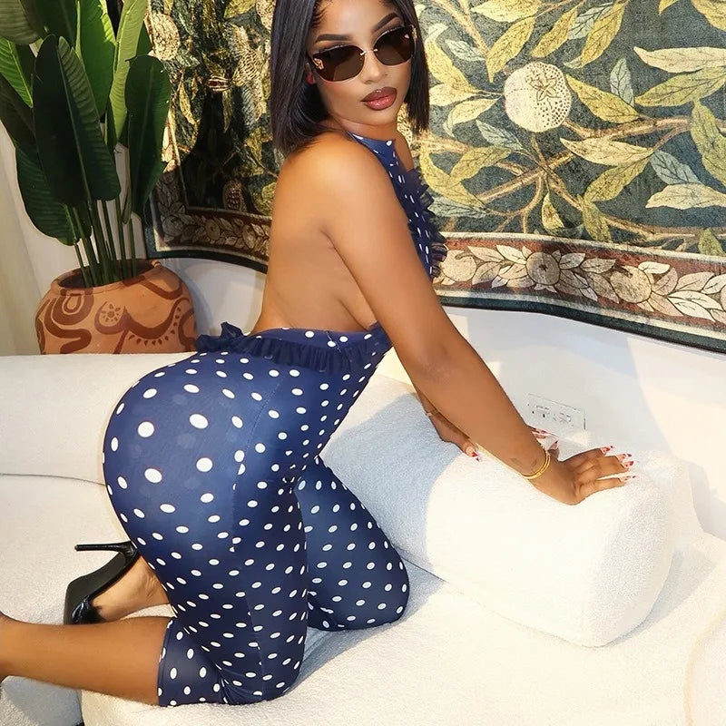 Women's Gauze Patchwork Dot Print Lace-Up Halter Sleeveless Waistband Backless Sexy Bodycon Jumpsuits