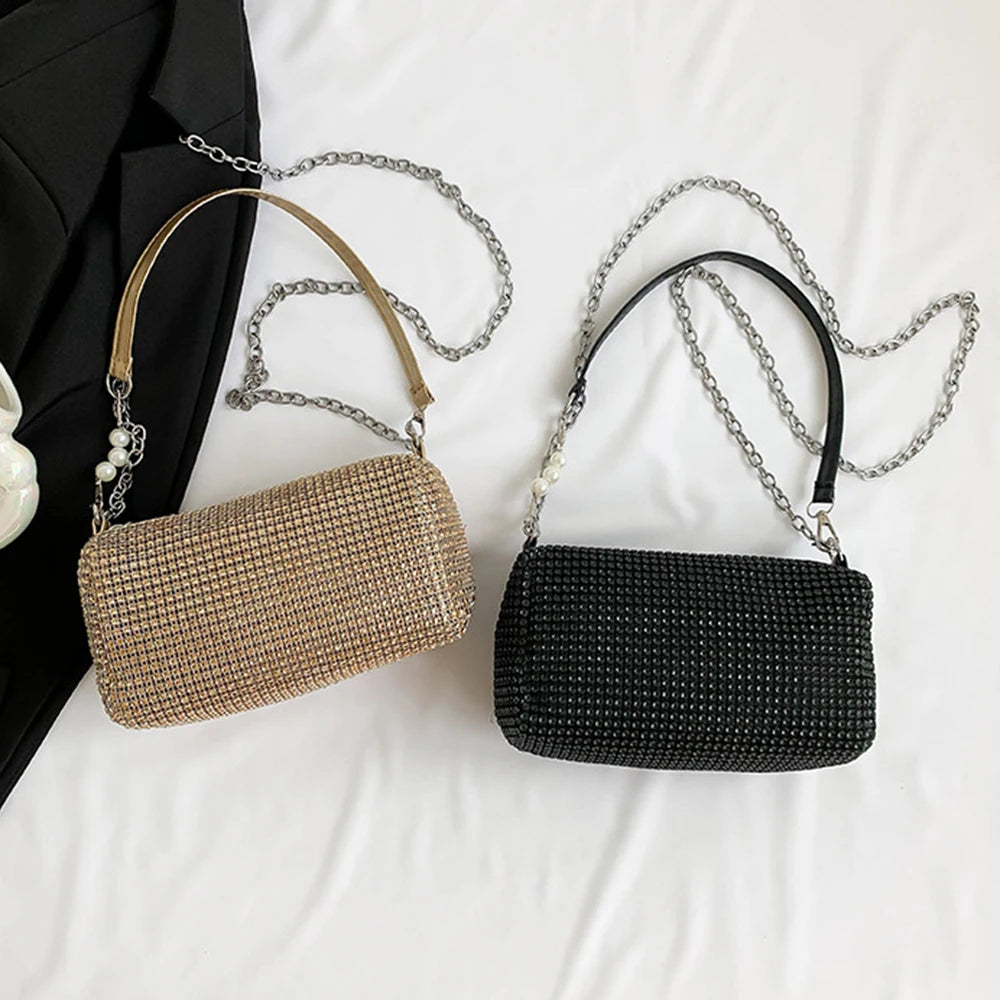 Allover Rhinestone Bucket Bag Waterproof Lightweight Women Crossbody Bag Mini All-match Glitter Chain Prom Purse for Ladies