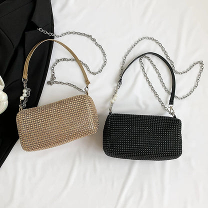 Allover Rhinestone Bucket Bag Waterproof Lightweight Women Crossbody Bag Mini All-match Glitter Chain Prom Purse for Ladies