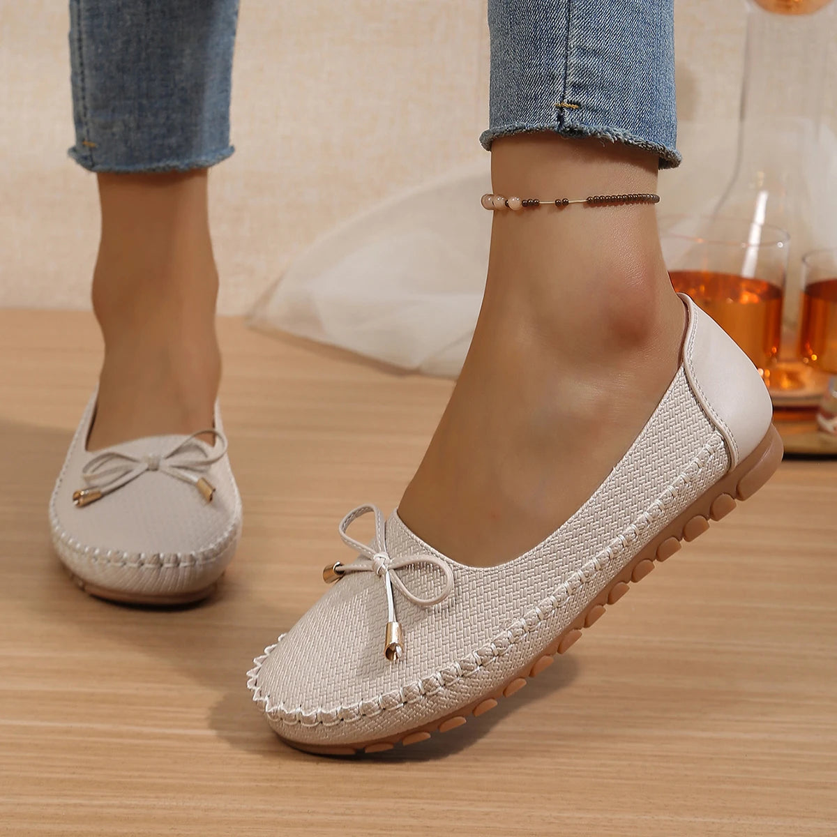 Goreyodoly Womens Casual Slip On Flats Woven Pattern Bow Breathable Lightweight Comfortable Daily Walking Shoes