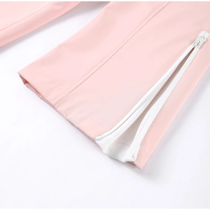 Fashion Pink Faux Fur Patchwork Hood Ski Jumpsuit Women Stand Collar Zipper Slim Pocket One Piece Suit 2026 Winter Lady Skiwears