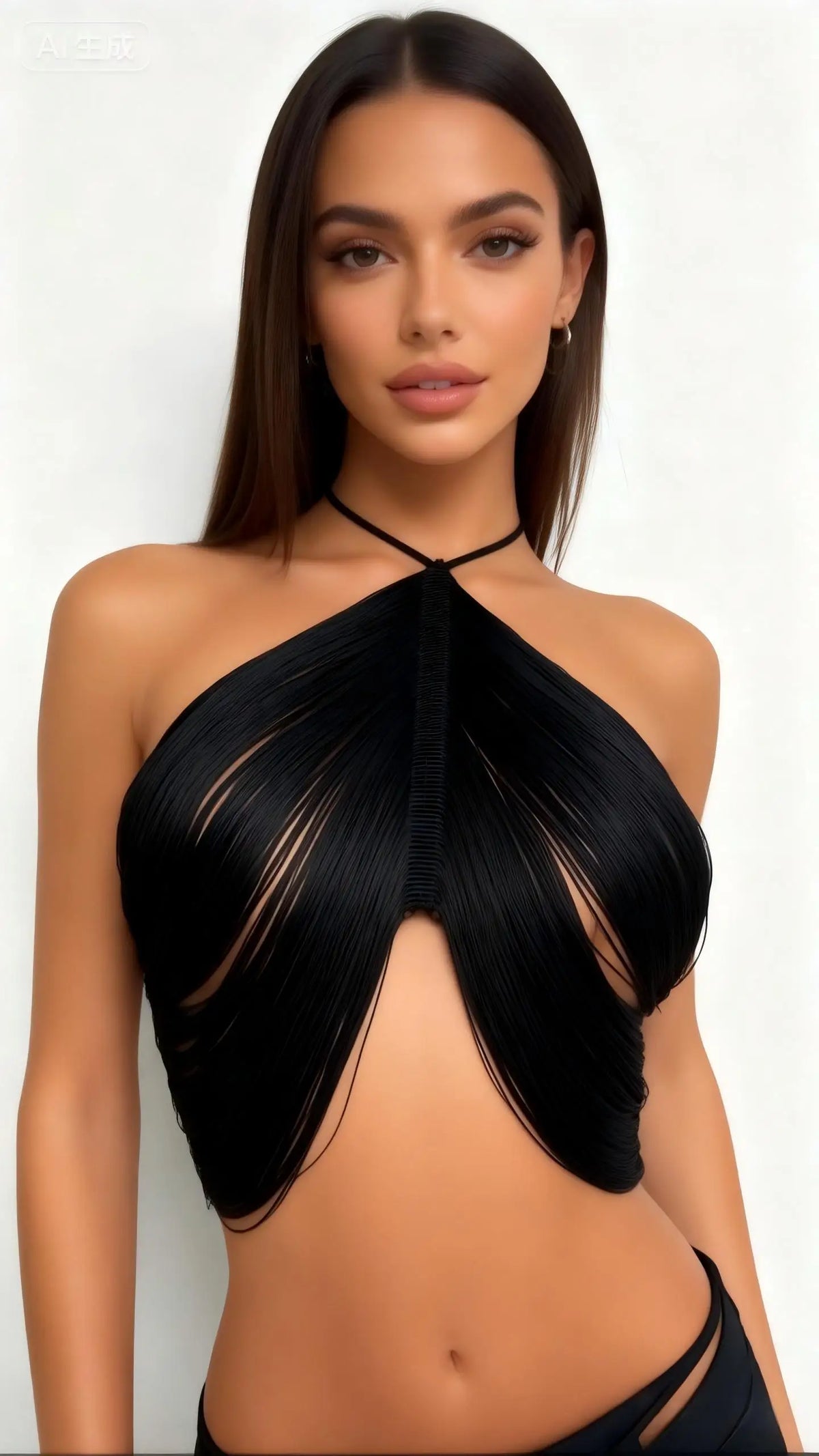 AKYZO European and American Sexy Tassel Black Top Stylish Hanging Neck Vest Spicy Girl Versatile Women's Clothing