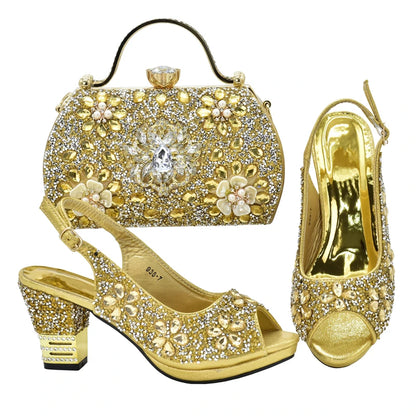 Italian Women Wedding Shoes and Bag Set Decorated with Rhinestone Africa Shoe and Bag Set Plus Size Heels 43 Wedding Shoes Bride
