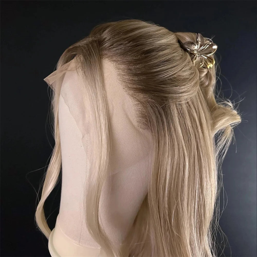 Blonde Balayage Lace Front Wig Free Part HD Lace Wig Realistic Look Dark Brown Roots Natural Wavy Synthetic Heat Resistant Fiber