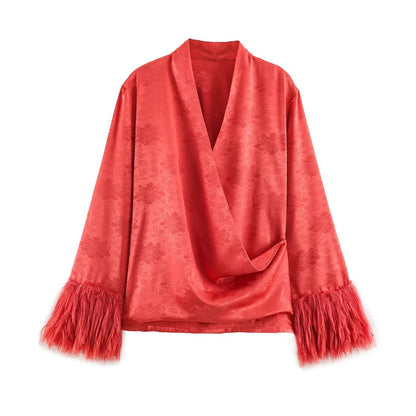 Jacquard Satin Fringe Three Piece Set Kimono Long Open Coat Wrap V Neck Top Fringe Trousers 2026 Summer Resort Lady Elegant Suit