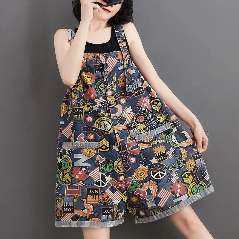 Jumpsuit Playsuits Women Jeans Printed Rompers New Summer Retro Large Size Loose Denim Strap Overalls Fashion Wide-leg Pants