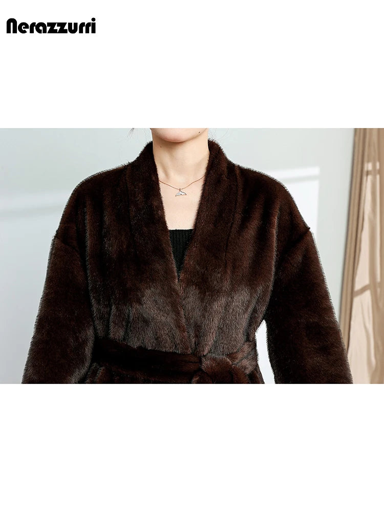 Nerazzurri Autumn Winter Long Brown Thick Warm Elegant Luxury Fluffy Faux Mink Fur Coat Women V Neck Sashes Chic Furry Overcoat