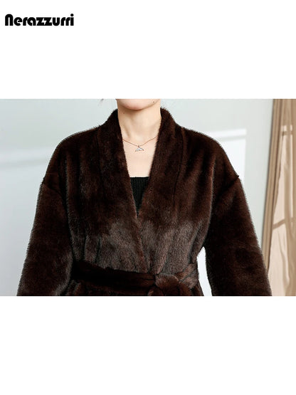 Nerazzurri Autumn Winter Long Brown Thick Warm Elegant Luxury Fluffy Faux Mink Fur Coat Women V Neck Sashes Chic Furry Overcoat