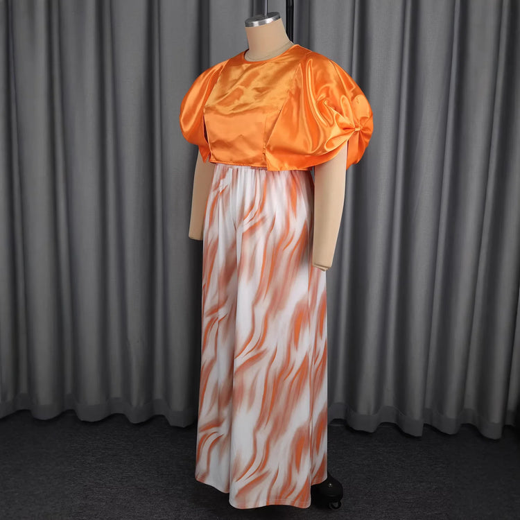 Plus-size Fashion Women's Outfit: Orange Puff-sleeve Short Top + Gradient Striped High-waisted Wide-leg Drapey Long Pants Set