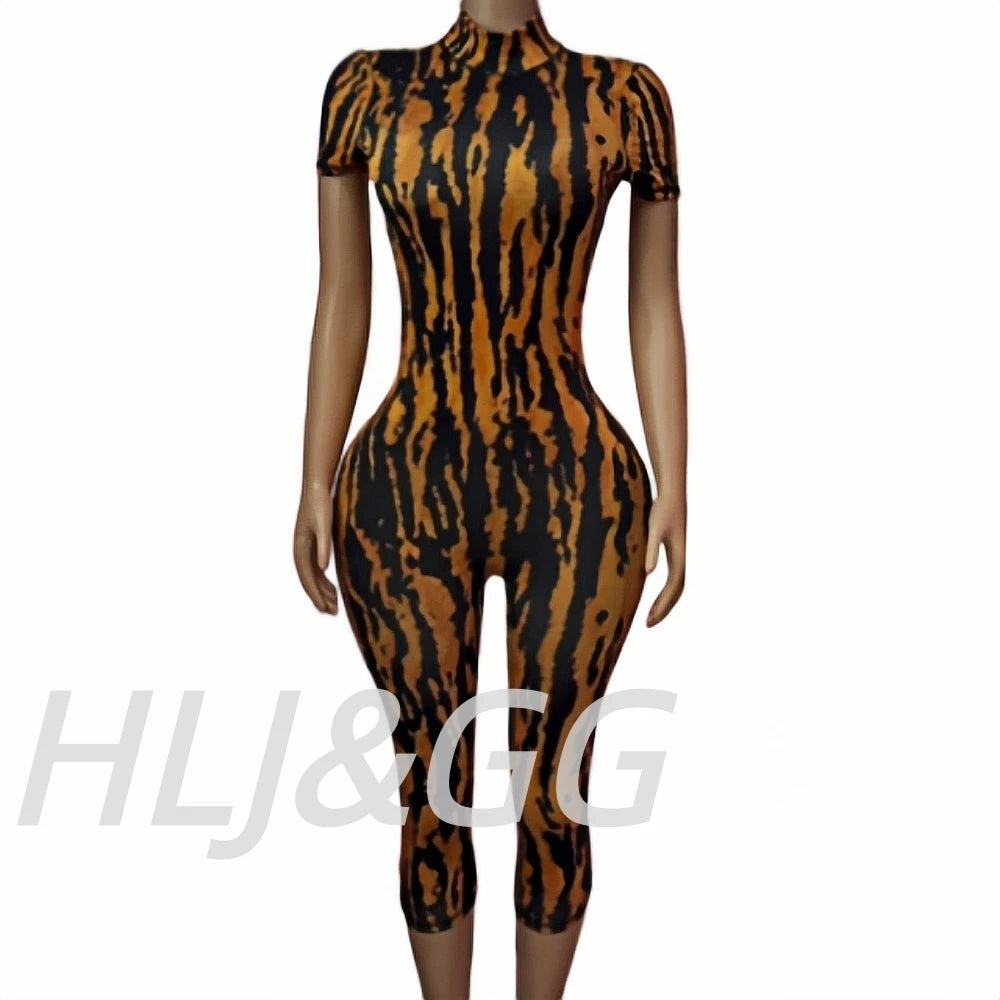 HLJ&GG Autumn Stripe Print Backless One Piece Jumpsuits Women Round Neck Long Sleeveless Slim Playsuits Sexy Overalls Streetwear