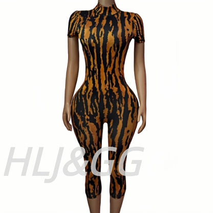 HLJ&GG Autumn Stripe Print Backless One Piece Jumpsuits Women Round Neck Long Sleeveless Slim Playsuits Sexy Overalls Streetwear