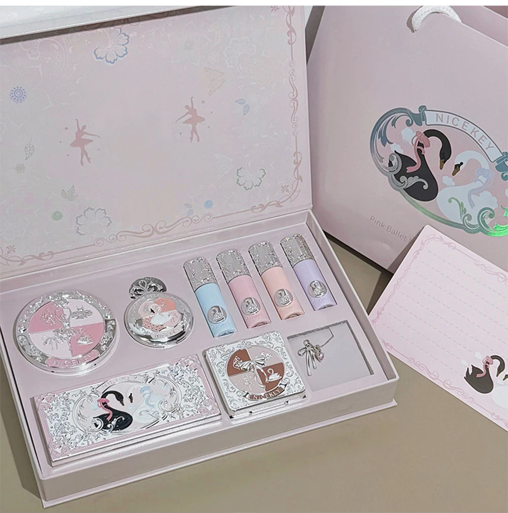 NICEKEY Makeup Kit Include 4 Matte Lipgloss,1 Face Blusher,1 Pressed Powder,1 Eyesshadow Palette,1 Contour Palette With Necklace