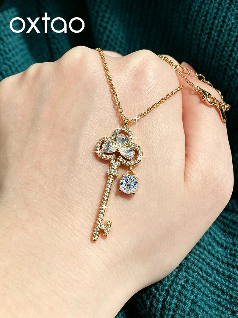 OXTAO Brilliant Moissanite Big Key Pendant for Women D VVS1 Clavicle Chain Flower Necklace Anniversary Jewelry 14K Gold Filled