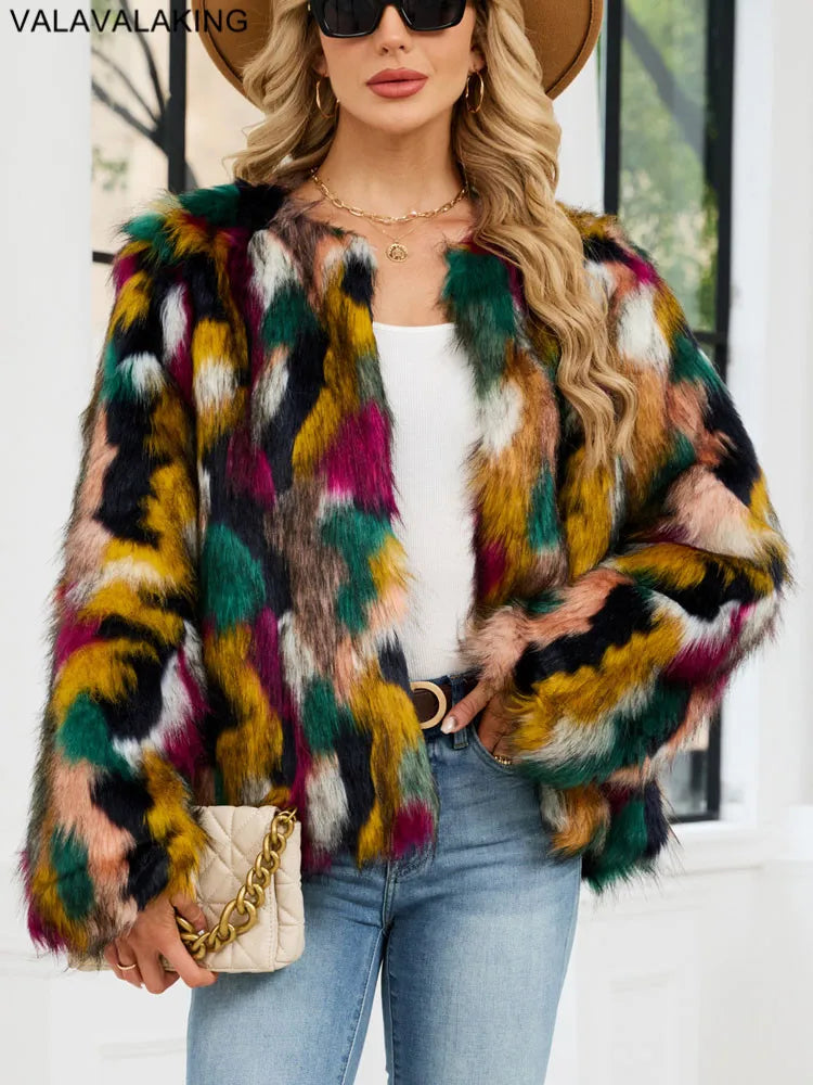 2026 Autumn Winter Color Print Faux Fur Coat Women Casual Long Sleeve Fluffy Plush Jacket O Neck Thick Fake Fur Warm Outwear