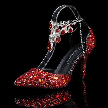 2024 Autumn Slim Heels Shallow Mouth Luxury Blue Water Diamond Pearl Women Single Shoes 9CM Wedding Party Shoes Sandalias Mujer