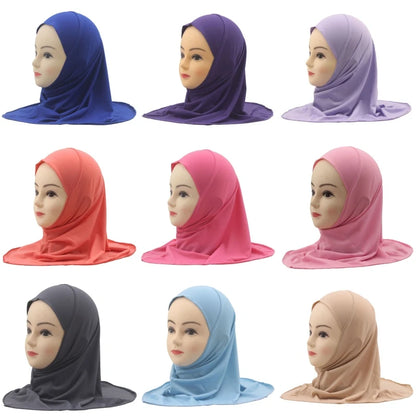 Kids Islamic Hijab Arab Girls Muslim Turban Scarf Shawls Cap Solid Color Fit 2-6 Years Old Children Wear Directly Instant Hijab