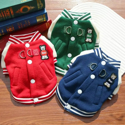 Winter Warm Puppy Coat with D Ring Button Pet Outdoor Jacket Cat Supplies Fleece Clothing Baseball Uniform Sport Suit