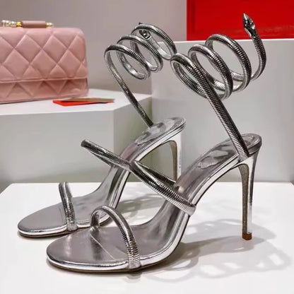 Luxury Designer High Heels Women Sexy Snake Twine Party Dress Shoes Ladies Stripper Shoes Open Toe Summer Sandals for Women