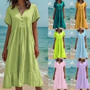 Women Linen Blend Romper Lapel Collar Short Sleeve Button Down Ruffle Hem Pocket Jumpsuit Casual Beach Playsuit