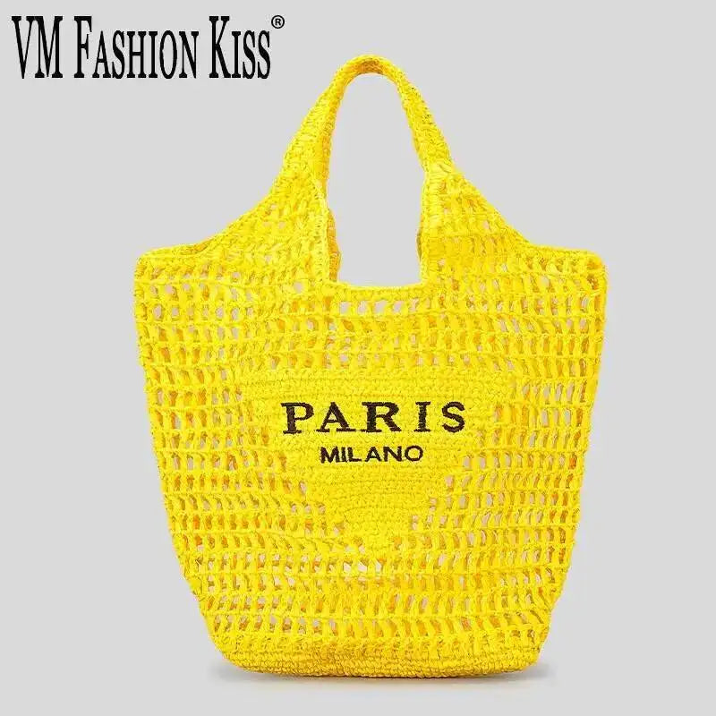 2024 Luxury Design Women Plaited Raffia Straw Bag Large Capacity Casual Tote Handbag Hollow Summer Beach Vacation Shoulder Bag