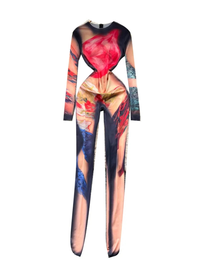 Foamlina 2025 Autumn New Fashion Print Bodysuit European Women's Sexy Hot Girl Slim Fit Flattering Long Sleeve Tight Jumpsuit