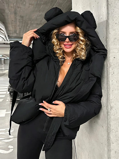Bear Ear Hooded Women Jacket Drawstring Zippers Cropped Padded Coat Female 2026 Winter Chic Street Fashion Lady Outerwear