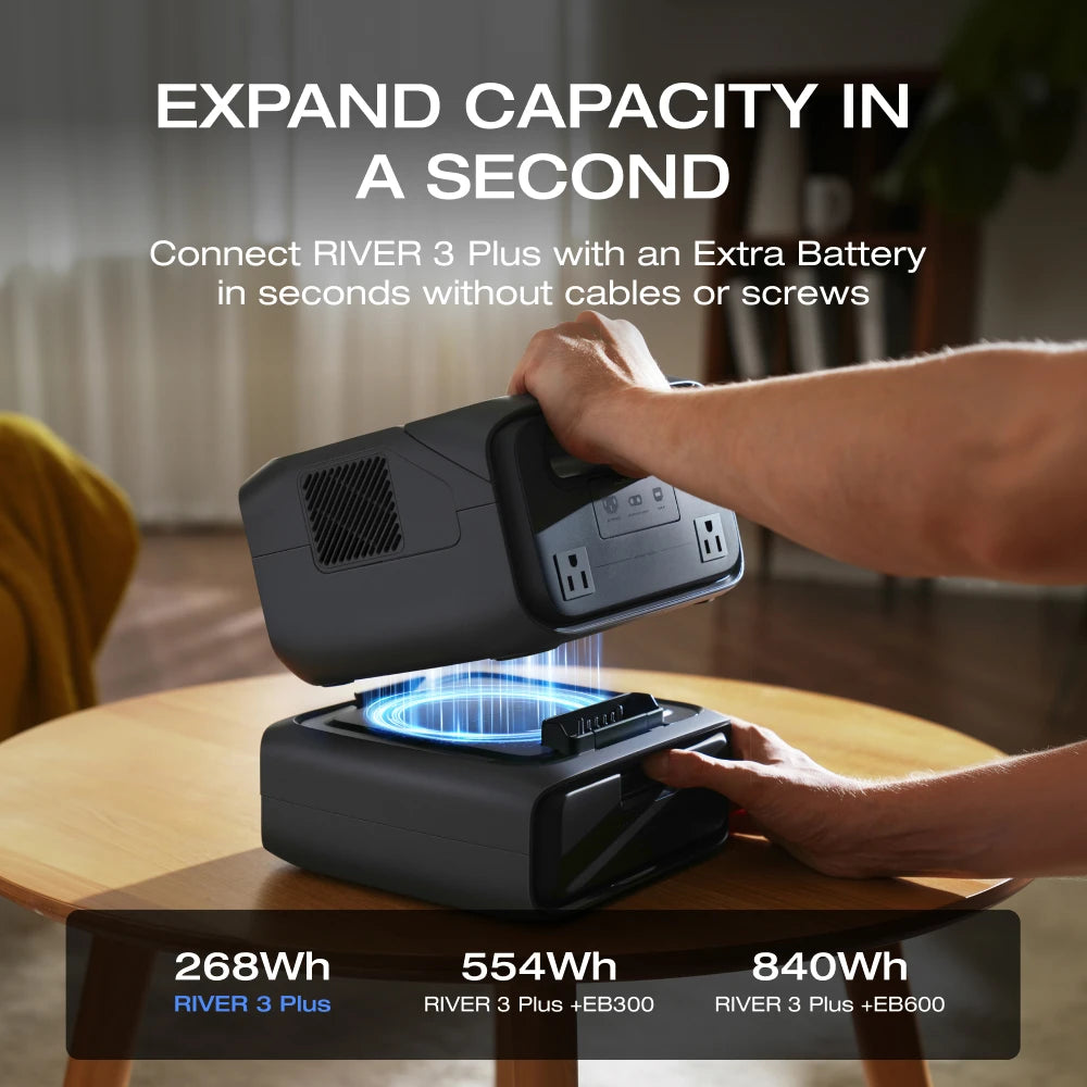 ECOFLOW River 3 Max 560 Portable Power Station, Extra Battery EB300 and River 3 Plus 270, 268Wh-554Wh Expansion LiFePO4 Battery with 10-Year Lifespan, Built-in 140W USB-C Port for Charging/Discharging, Use Independently