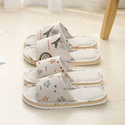 Four Season Linen Home Slippers Women Autumn Indoor Casual Floral Slides Couples House Non-slip Sandals Adults Cartoon Cat Shoes