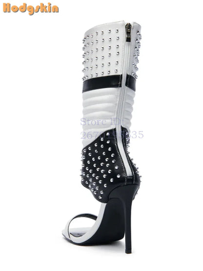Sexy Red Black Rivet Sandals Square Toe Patchwork Cross-tied High Heels 2026 Summer Fashion New Women Lace-up Stiletto Shoes