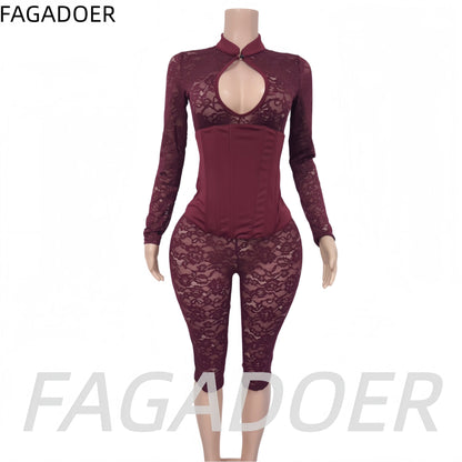 FAGADOER Sexy Lace See Through Corset Jumpsuit Women Hollowed-out Long Sleeve Bodycon Capri Pants Clubwear Night Party Outfit