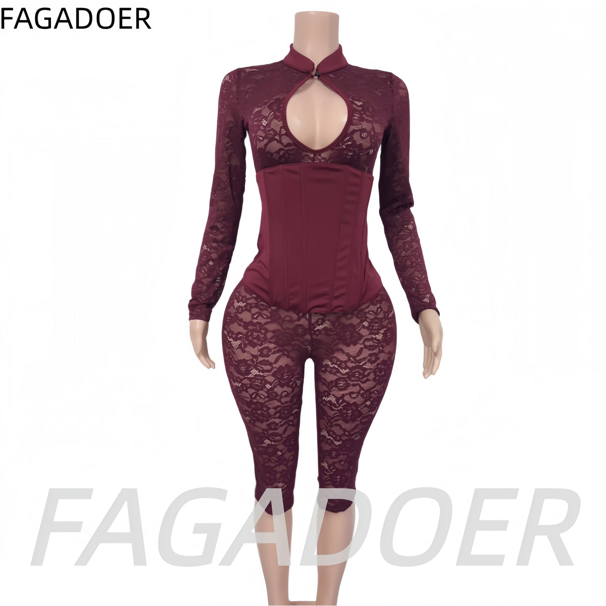FAGADOER Sexy Lace See Through Corset Jumpsuit Women Hollowed-out Long Sleeve Bodycon Capri Pants Clubwear Night Party Outfit