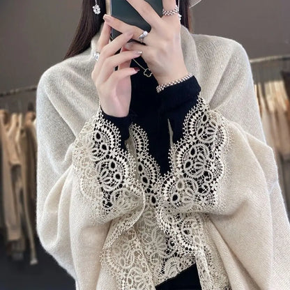 Fashion Women Wool Knitted Shawl Skin Friendly Breathable Lace Edge Scarf Spring Autumn Luxury Brand Design Cloak Shawl
