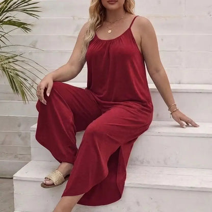 Women's Plus Size Spaghetti Strap Wide Leg Jumpsuit Loose Casual Summer Red