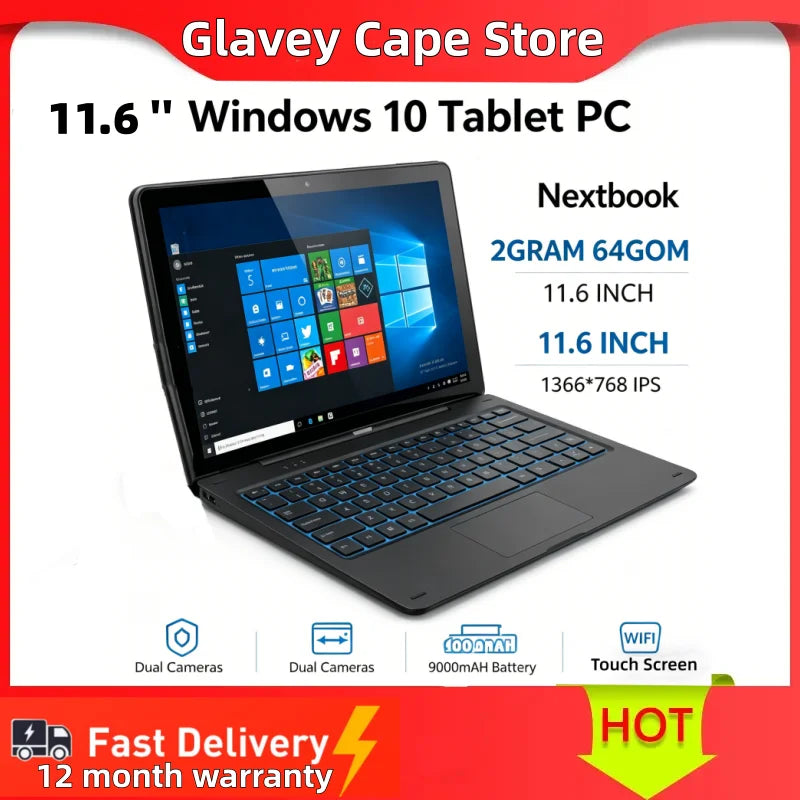 Hot Sales 11.6'' Windows 10 Tablet PC 2GB DDR+64GB 2 In1 Docking Keyboard G12 Z8350 CPU 1366*768 IPS Touch Quad Core Dual Camera